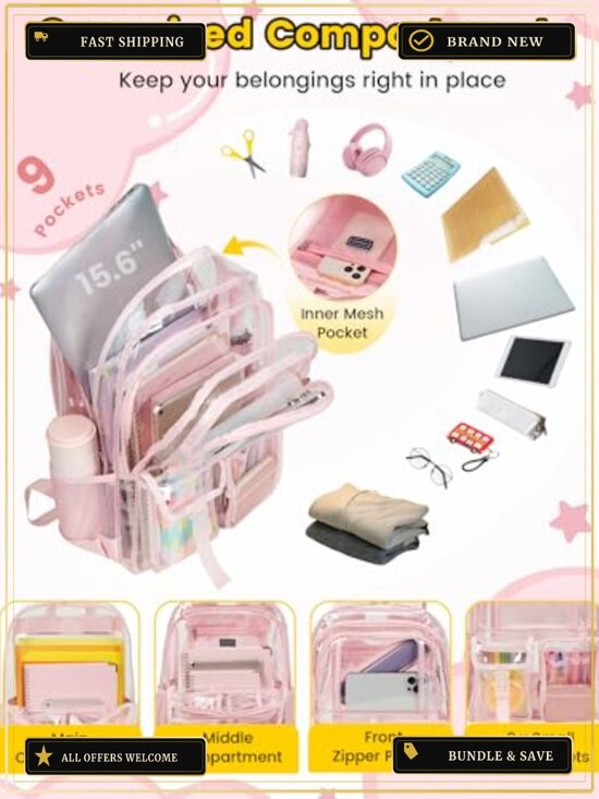Clear Backpack for School/Work PVC Heavy Duty Large Multi-Pockets Reflective main image 4